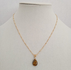 Handmade USA 18.5-inch Bar Chain Necklace Tiger Eye Teardrop Gemstone Bead