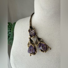 Artisan Brutalist Amethyst Leaf Torque Choker Statement Necklace