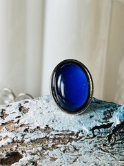 Large Oval Mood Ring Stone Cocktail Ring Bezel Set Metal Silver