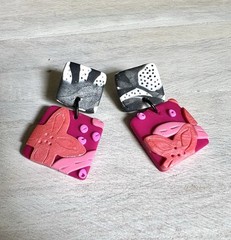 Handmade Polymer Clay Earrings Handcrafted Artwork Black White Pink