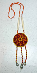 Handmade Beaded Medallion Necklace Red Yellow Bone Beads Cowrie Shells