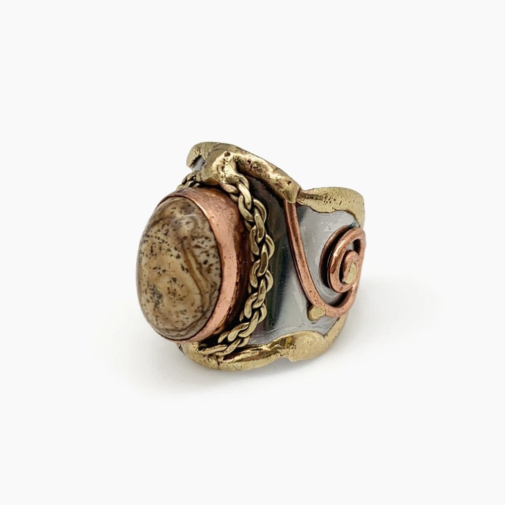 Anju Chunky PICTURE JASPER Mixed Metal Gemstone PICTURE JASPER Statement Ring