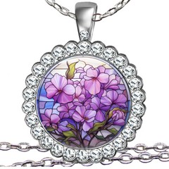 Violet Flowers Faux Stained Glass Art Print Necklace Austrian Crystal 24″ Chain