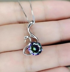 Mystic Topaz Swan Necklace – 18Kgp @ Sterling Silver – Rainbow Mystic Topaz