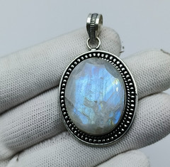 Blue Fire Moonstone Silver Pendant Necklace-NaturalWhite Rainbow Faceted Pendant