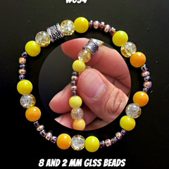 Handmade Yellow/Orange/Purple/Clear Glass Beaded Bracelet, 8mm Round Beads #034