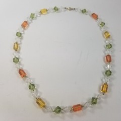 Silver Tone Necklace Green Clear Yellow Orange Beaded