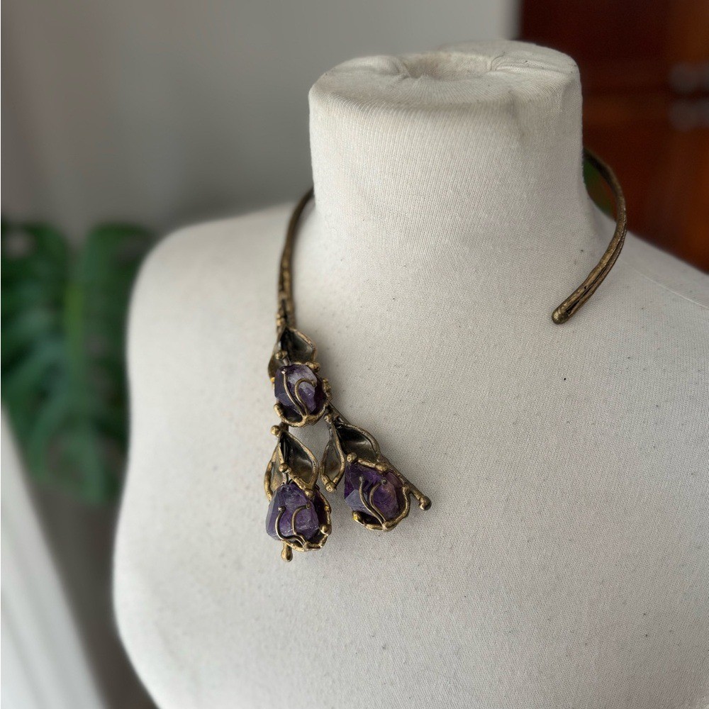 Artisan Brutalist Amethyst Leaf Torque Choker Statement Necklace