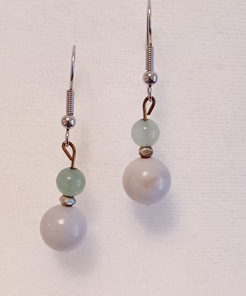 Green Jade & Grey Agate Bead Artisan Drop Dangle Pierced Silver Tone Earrings