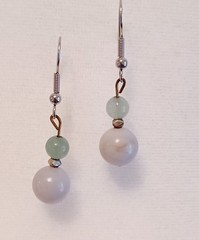 Green Jade & Grey Agate Bead Artisan Drop Dangle Pierced Silver Tone Earrings