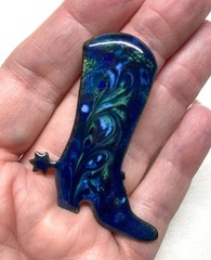 Large Cowboy Boot pin , Enamel on Copper Brooch- Blue/Green colors- Inga
