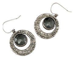 OR PAZ~ISRAEL Sterling Silver Faceted Round HEMATITE Textured Halo Drop Earrings