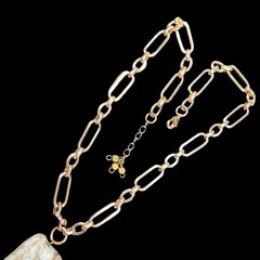 Light Aqua Jasper Stone PENDANT NECKLACE Goldtone 18 in Oval Paper Clip Chain
