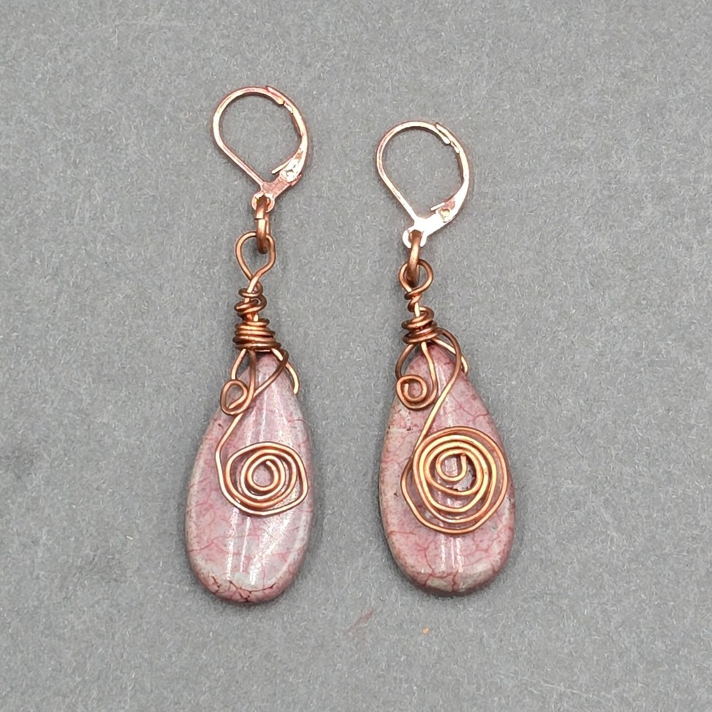 Vintage Copper Wire Wrapped Pink Jasper Dangle Earrings 2.25″ Boho Handmade