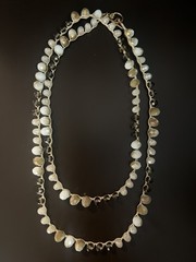 An Old Soul Artisan HandKnotted 40” Necklace Cut Mother of Pearl, Smokey Quartz