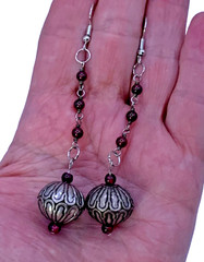 Long Dangle Handmade Pierced Earrings Boho Metal Garnet Color Beads LA102