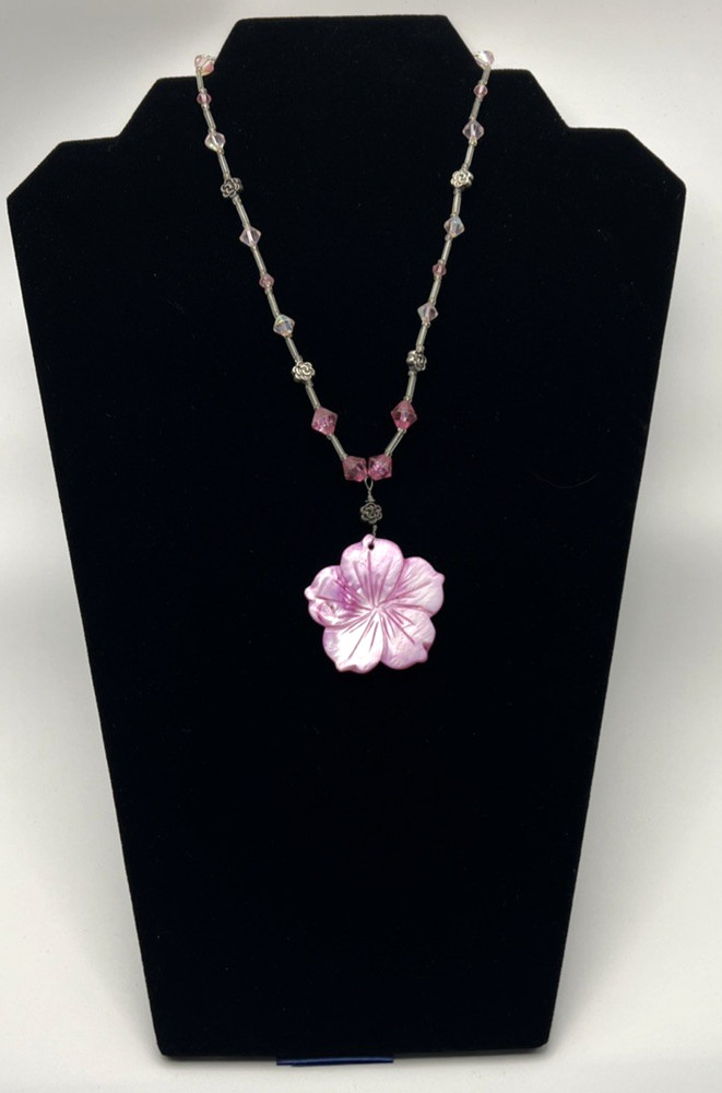 Pink Flower Carved Pendant Collar Size Necklace With Pink Iridescent Beads