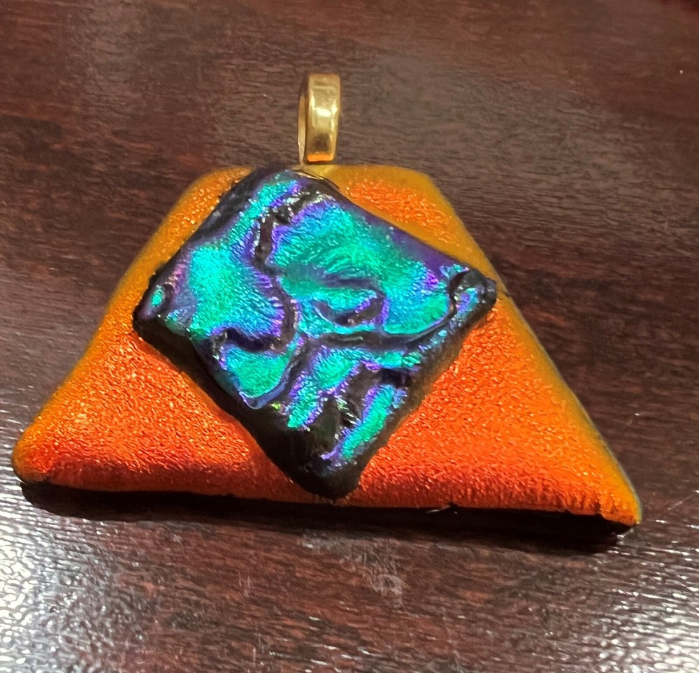 Dichroic Fused Glass Artist Pendant Vivid Orange Blue Green Trapezoid
