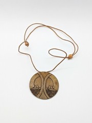 Artisan Wooden Carved Round Disc Pyramid Ship Leather Cord Necklace