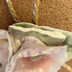 Glazed Ceramic Lariat Necklace Bolo Tie Large Floral Slide Vintage Artisan READ