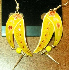 Yellow Silver Copper & Enamel Earrings Etched Floral Abstract Design Dangle Boho