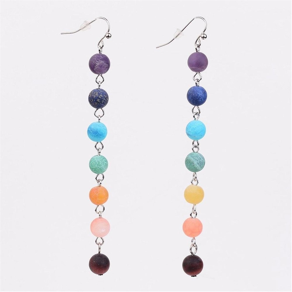 The 7 Chakras Spiritual Mystical Frosted Gemstone Beads Long Dangle Earrings