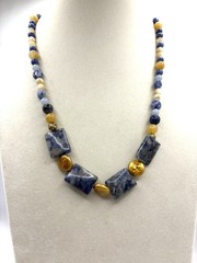 Blue Denim Sodalite & MOP & Agate Gold Colored Coin Pearls Beaded Necklace