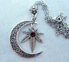 Marijuana Filigree Crescent Moon Necklace with Garnet Crystal January Birthstone