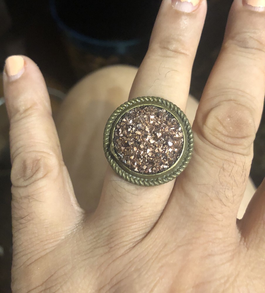 Retro Bronze Glitter Druzy Cabochon Brass filigree Ring w/ adjustable band
