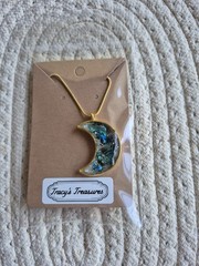 Abalone Blue, Green, Gold Color,Handmade Half Moon Resin Art. 20″ Snake Chain.