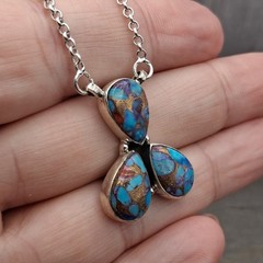 Blue Copper Turquoise Necklace Sterling Silver 3 Stone Pendant Southwestern