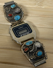 Vintage Navajo Signed AK Sterling Silver 12K Gold Filled Turquoise Coral Watch