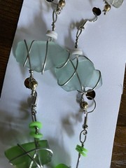 3 Pairs Womens Earrings Beaded White Blue Green Beach Glass Silver Dangle Lobe
