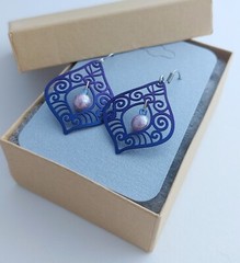 Handmade Blue Purple Filigree Earrings Swirl Dangles Beads Gift Rdy Lightweight