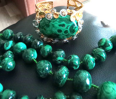 Green malachite topaz GP/sterling brutalist style bracelet (Barthe) and necklace
