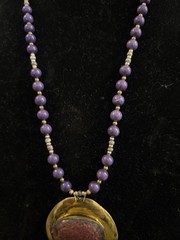 Vintage Artisan 8mm Beaded Charoite Necklace w/ Brass Glass Pendant Handmade 30”