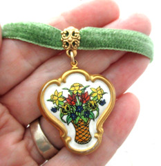 Vtg Franklin Mint Porcelain Flower Pendant Green Velvet Choker Necklace Artisan