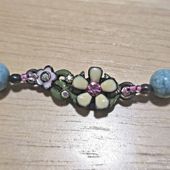 Hand-made Green & Pink Stone Beaded Necklace W/ Enamel Flower W/Rhinestones 1ofK