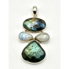 Large Faceted Labradorite & Moonstone Sterling Silver Handmade Pendant