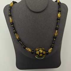 Artisan 16″ Pendant Necklace Art Glass Flowers Yellow Black Gold Globe