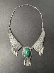 Vintage Israeli 925 Sterling Silver Eilat Stone Filigree Bib Necklace Yemenite