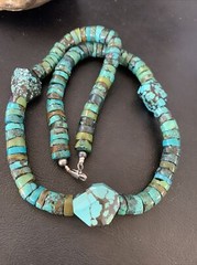 Men Chunky Spiderweb Turquoise Heishi Navajo Sterling Silver Necklace 21” 124506