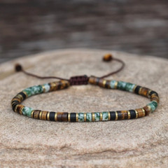 Green Spot Jasper Tiger Eye Tube Beads Healing Dainty Women Men Braided Bracelet