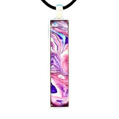 Pendant Necklace Handmade «Blue & Pink Swirly» Silver Bezel Black Cord