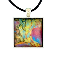 Pendant Square Necklace Handcrafted «Abstract Art» Silver Bezel Black Cord