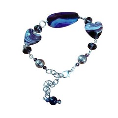 Art glass and agate beaded bracelet purple white adjustable