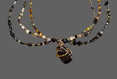 Black Obsidian & Quartz Pendant Beaded Necklace