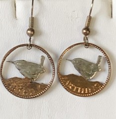 England Farthing Wren Cut Coin Earrings ~ Dangle Drop Hook ~ One Pair