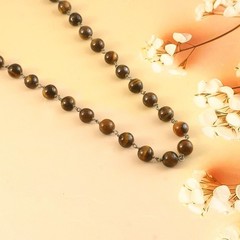 Natural Tiger Eye Bead Necklace 30″ Gemstone 8mm Beads in 925 Sterling Silver