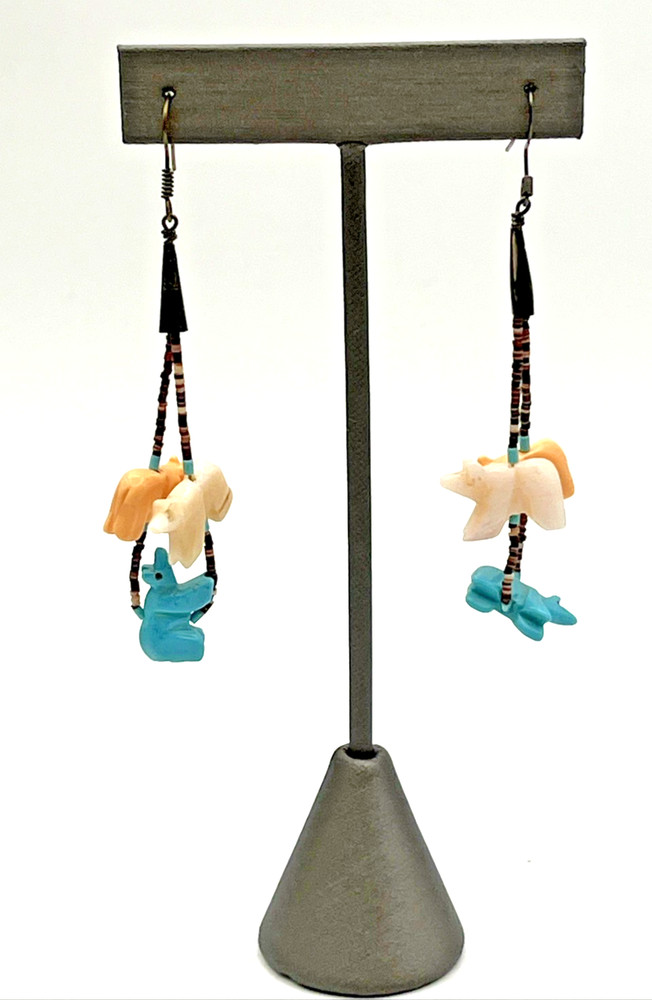 Heishi Stone Beaded Fetish Bear Dangle Pierced Earrings 3″